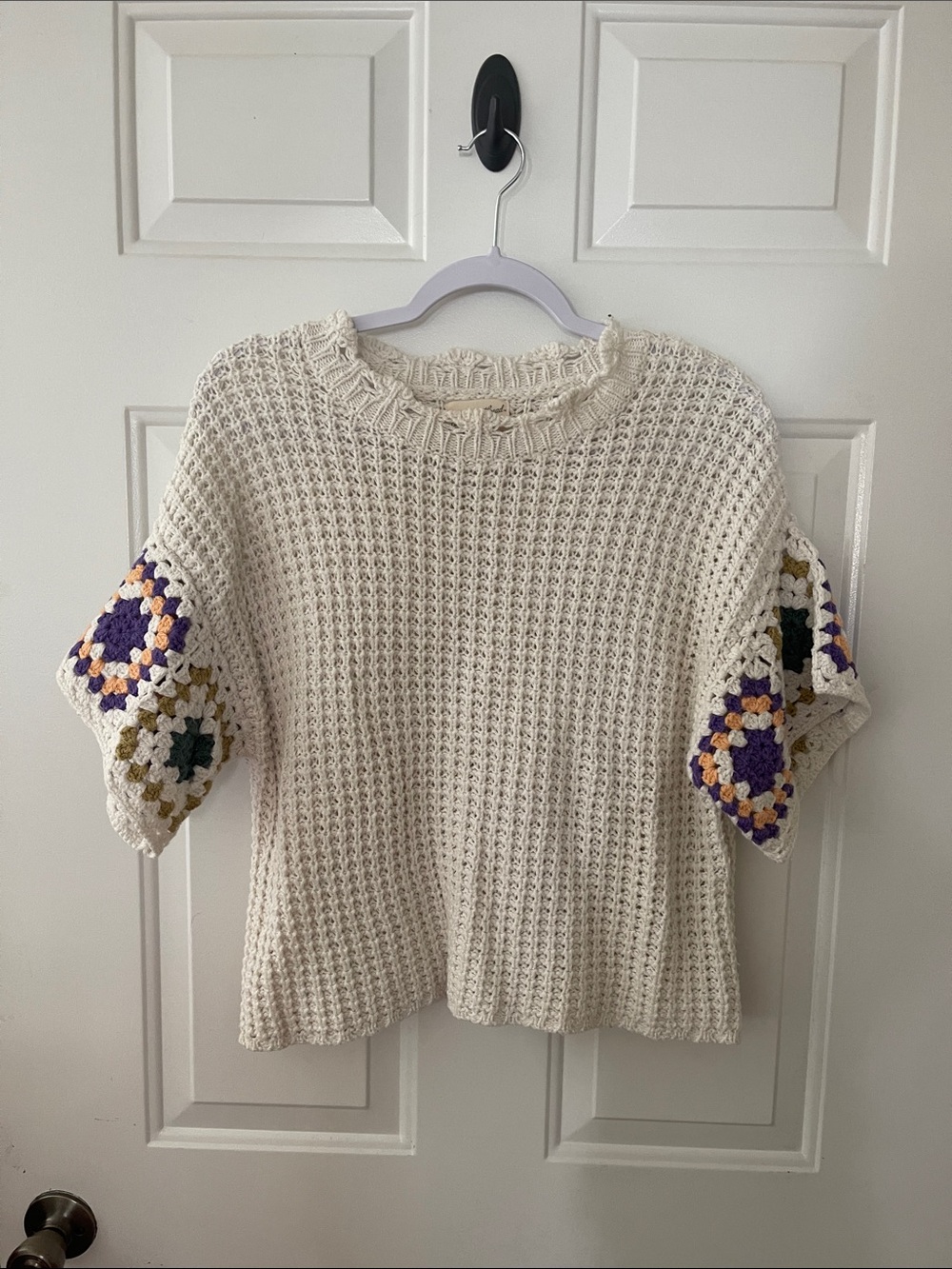 Cream Knit Short-Sleeve Sweater with Crochet Accent